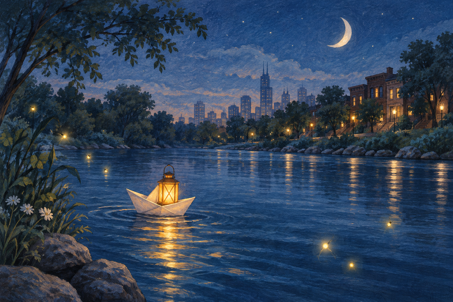 A glowing lantern in a paper boat floating along a calm Chicago river at night